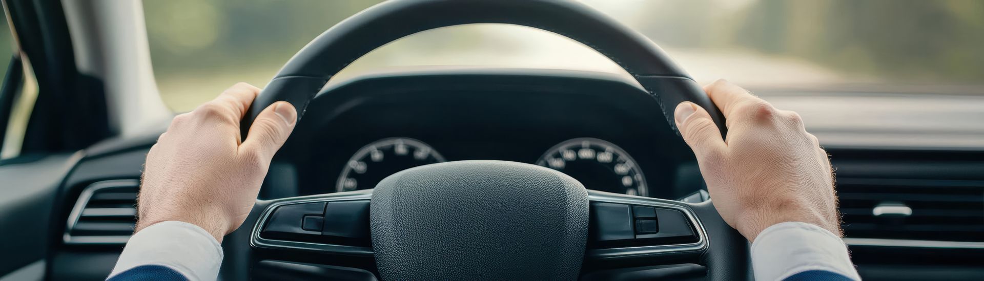 Hands on a steering wheel driving a car, blurred background shows road and trees.