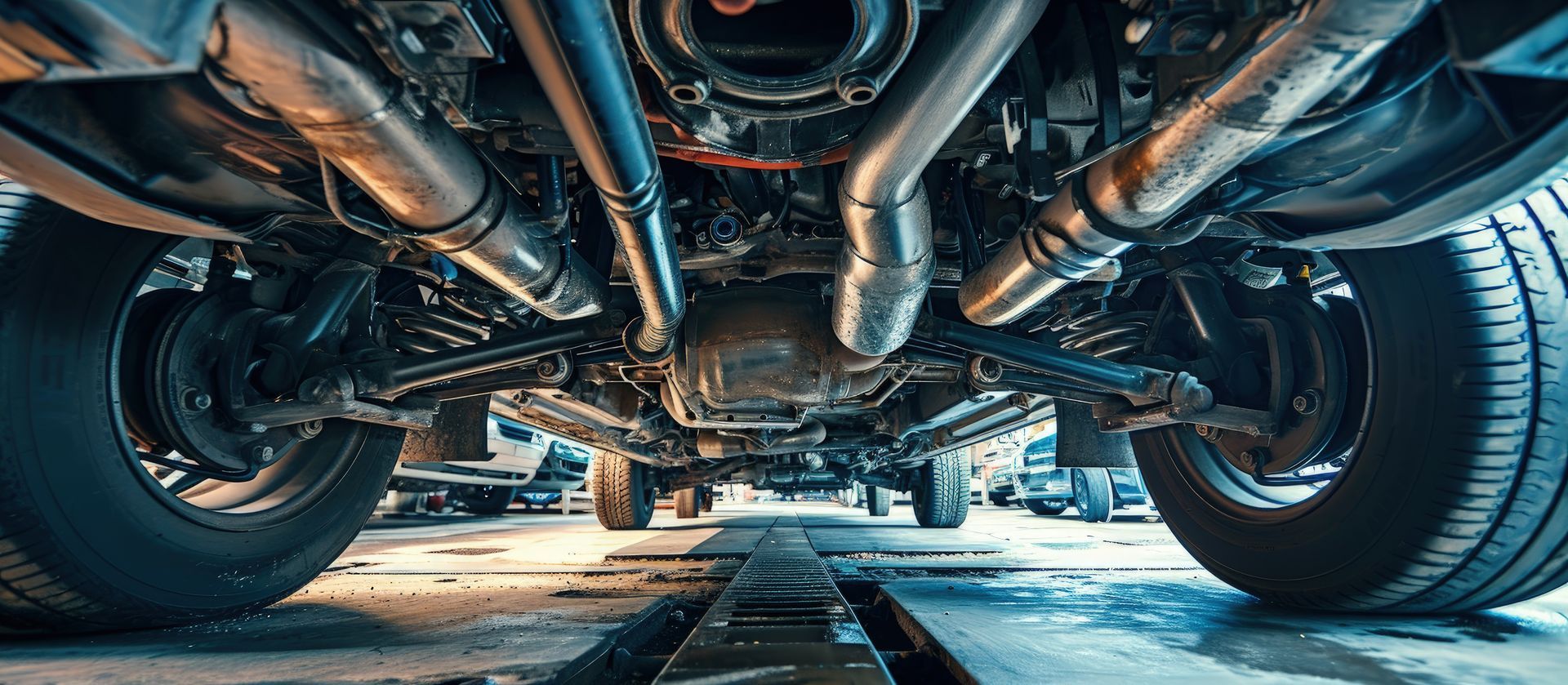 Underside of a vehicle, viewed from below, showing the exhaust system, axles, and tires in a garage setting.