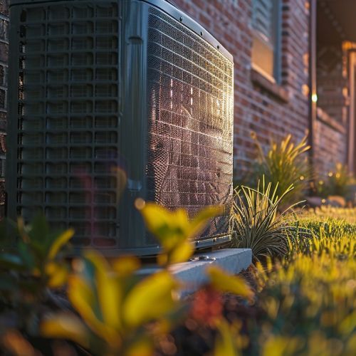 A green air conditioner is sitting on the side of a brick building.