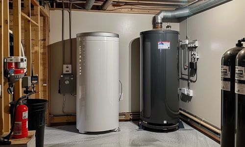 Two water heaters are sitting in a basement next to a fire extinguisher.