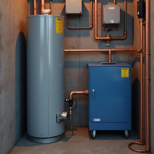 A room with a water heater and a blue cabinet