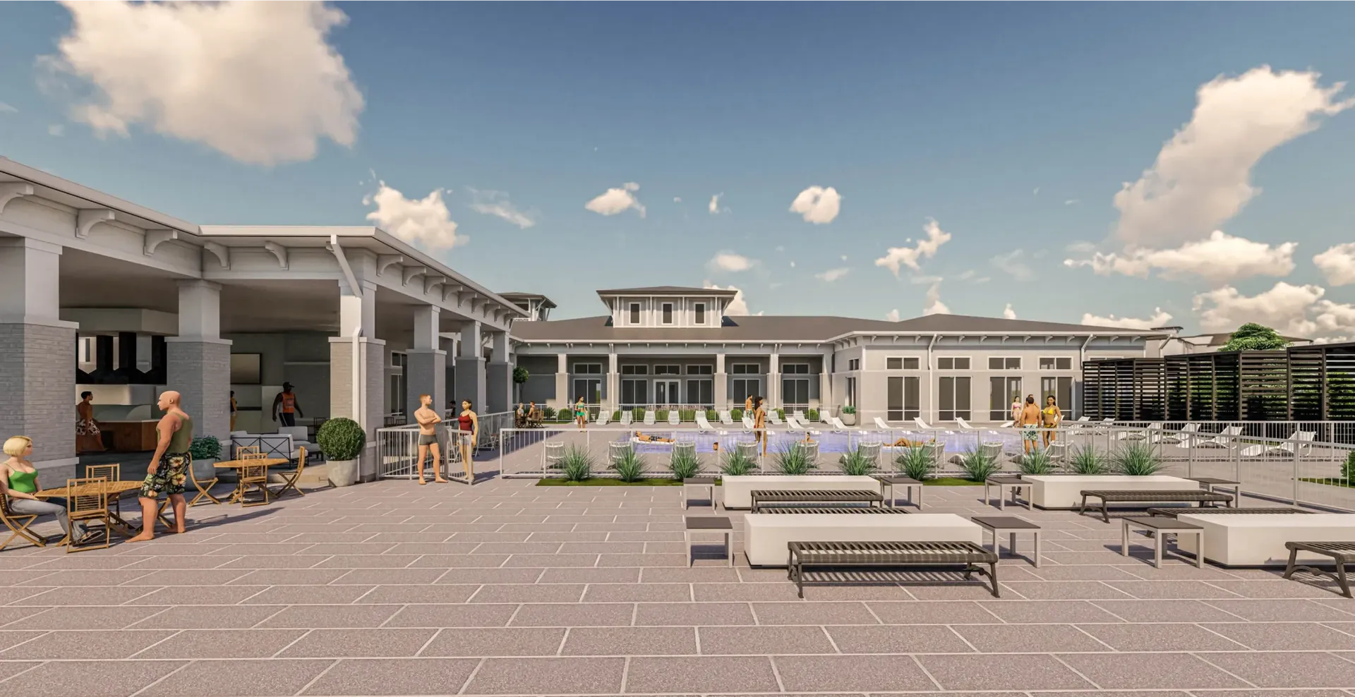 An artist 's impression of a large building with tables and chairs in front of it.