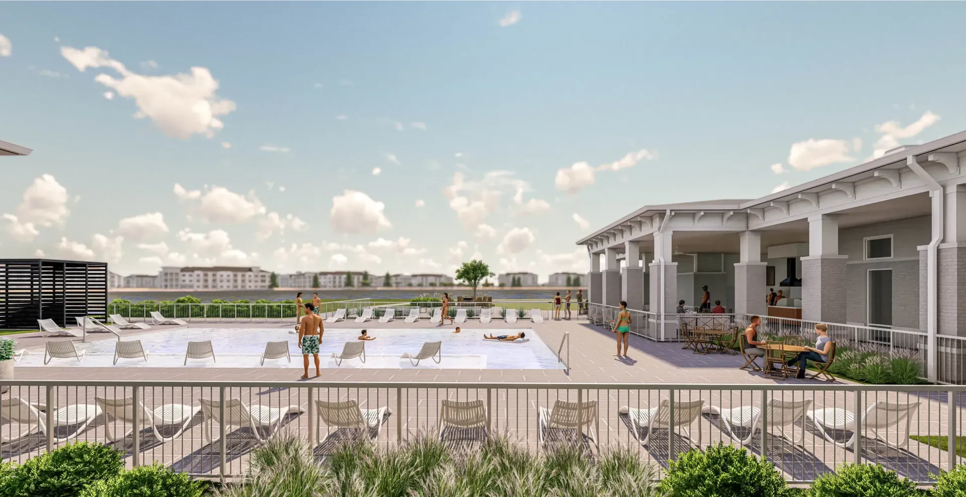An artist 's impression of a swimming pool at a resort.