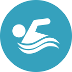 A swimming icon in a blue circle on a white background.