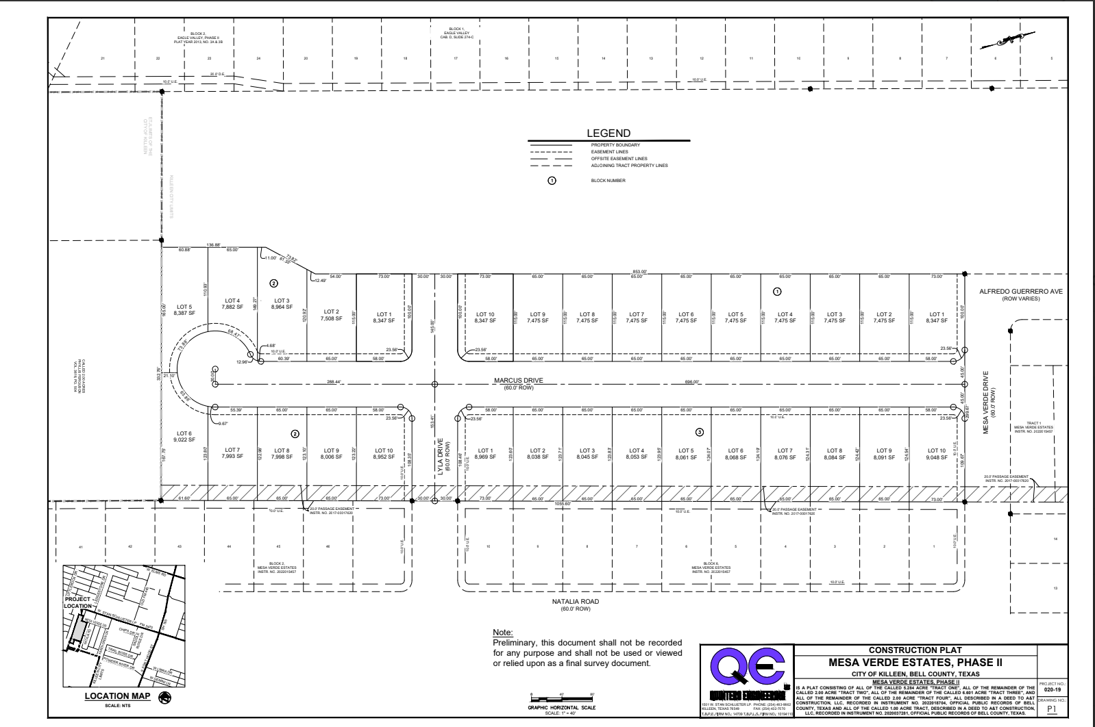 A street plan depicting a residential development with multiple housing units, streets, and parking spaces.