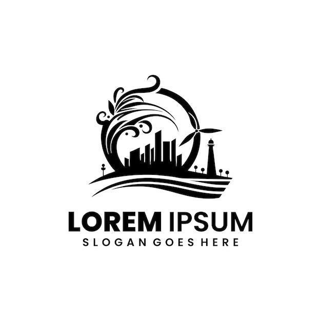 Black and white logo: silhouette of a coastal city with palm trees, lighthouse, and waves against a circular background.