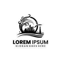 Black and white logo: silhouette of a coastal city with palm trees, lighthouse, and waves against a circular background.