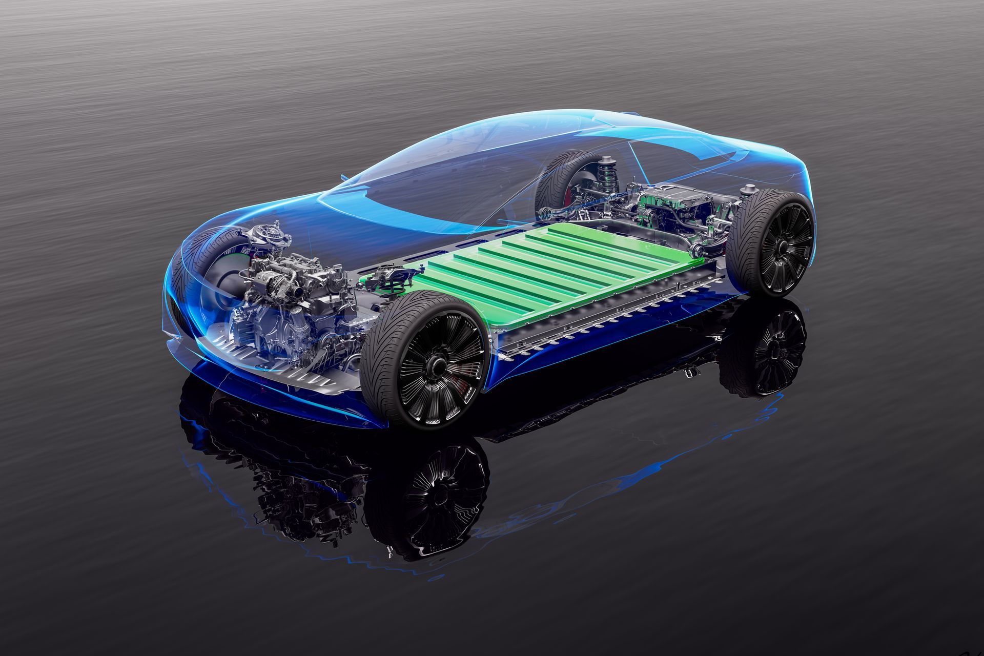 Cutaway view of a blue electric car showcasing battery pack, motor, and chassis.