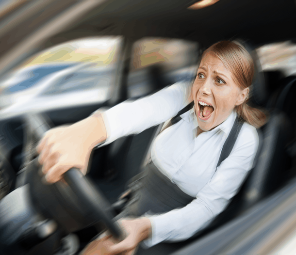 Woman inside car, panicked expression, hands gripping steering wheel, motion blur suggesting high speed. Woman inside car, panicked expression, hands gripping steering wheel, motion blur suggesting high speed.