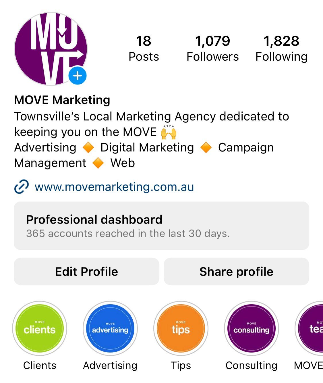 A screenshot of a facebook page for move marketing.