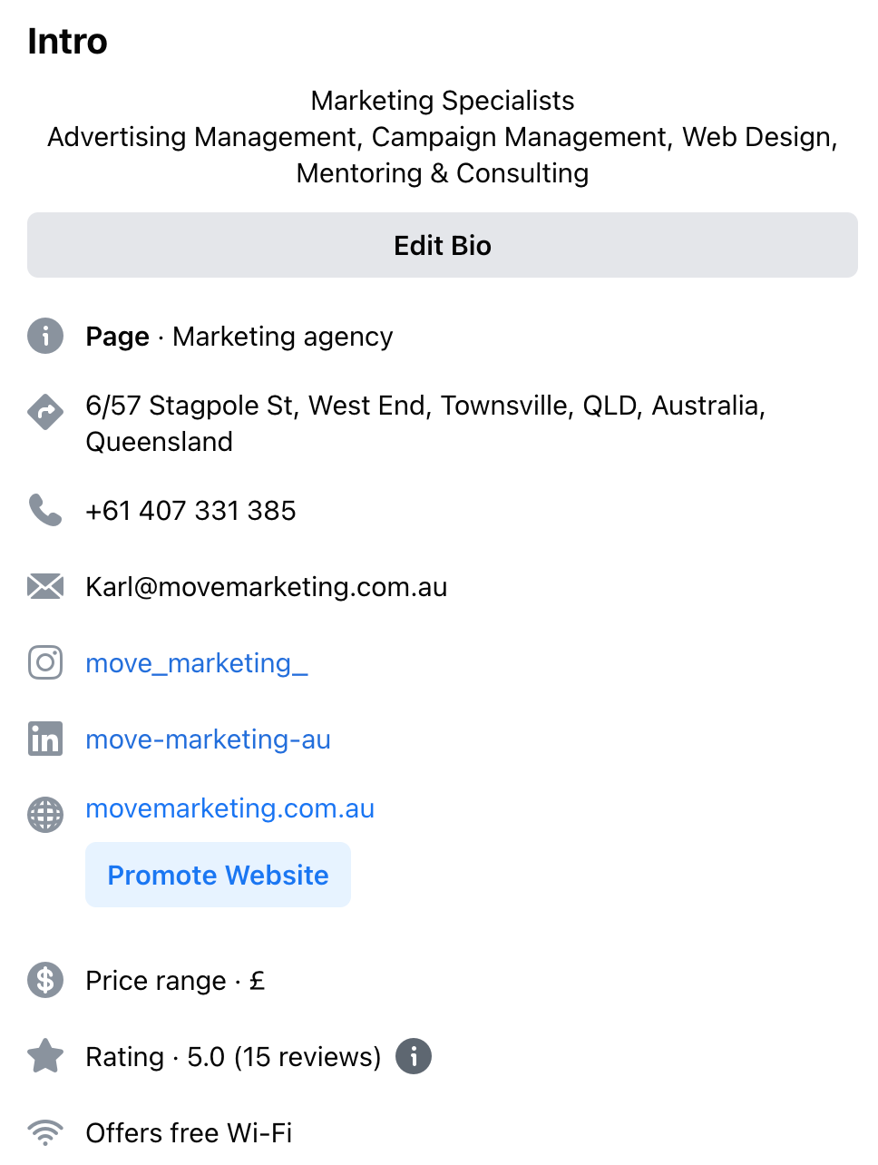 A screenshot of a business card for a marketing specialist.