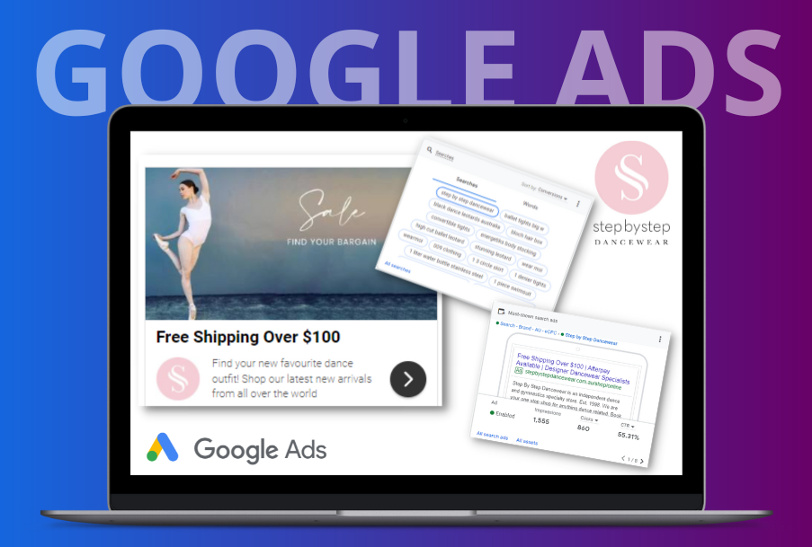 A laptop computer with a google ads ad on the screen.