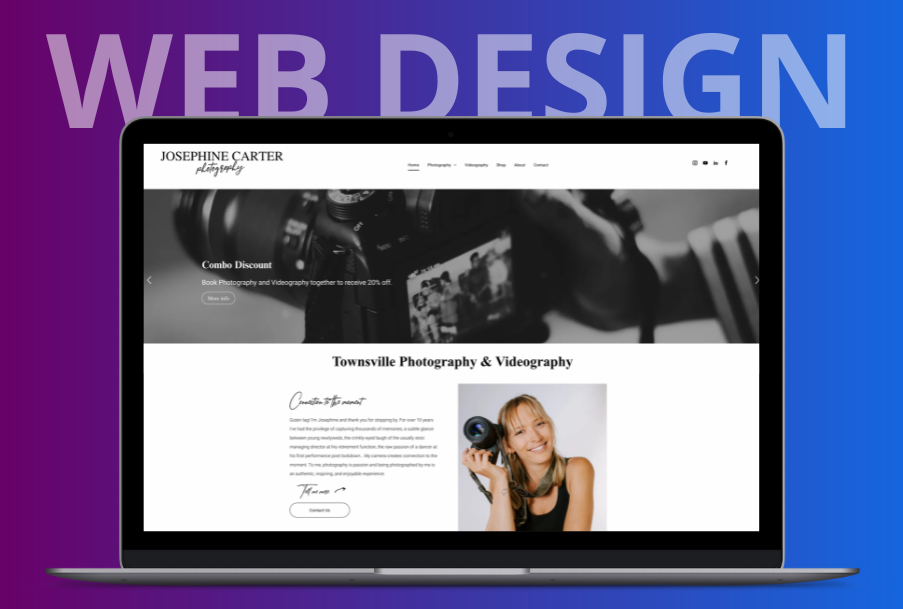 A laptop computer is open to a website with a woman holding a camera.