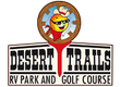 Logo for Desert Trails RV Park and Golf Course: Smiling yellow sun in cowboy hat and glasses inside a wagon wheel.