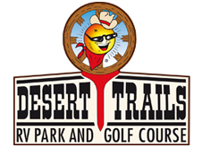 Logo for Desert Trails RV Park and Golf Course: Smiling yellow sun in cowboy hat and glasses inside a wagon wheel.