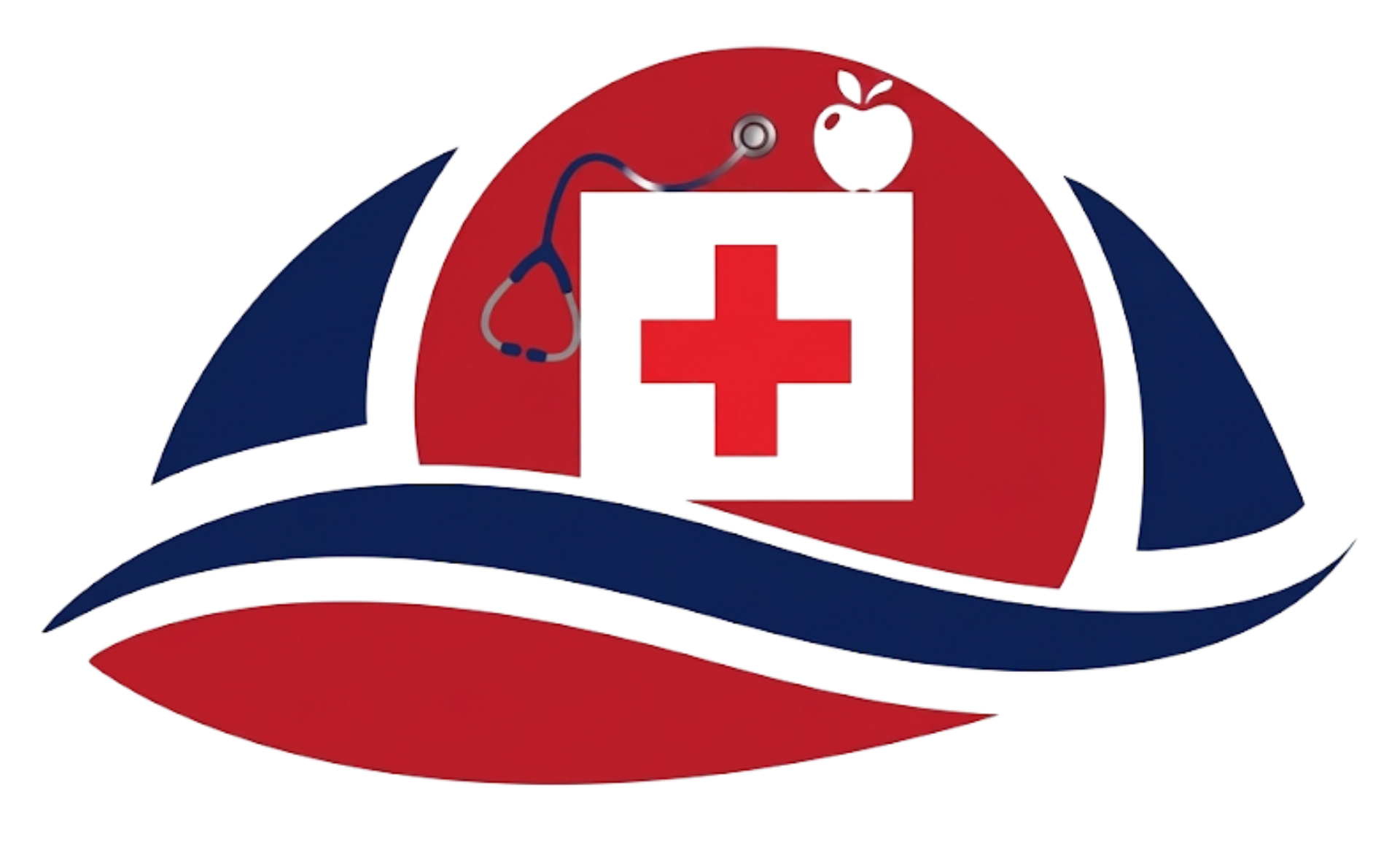 Red and blue medical logo with a white cross, stethoscope, and abstract wave shape