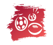 A soccer ball , a baseball and a football are on a red background.