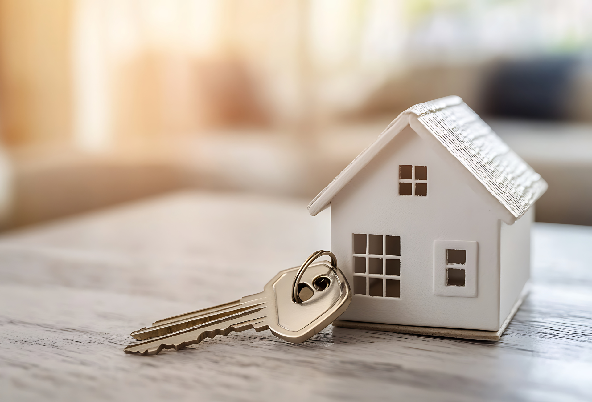Miniature white house model with keys on a wooden surface, suggesting home ownership.