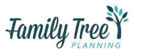 Family Tree Planning logo with teal script text and a small leafy branch icon