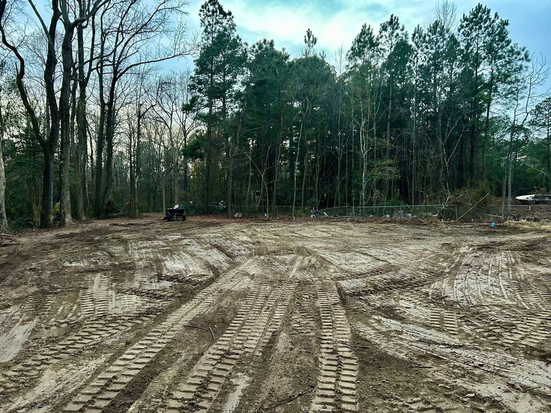 Cleared land with visible track marks, forest backdrop, cloudy sky.
