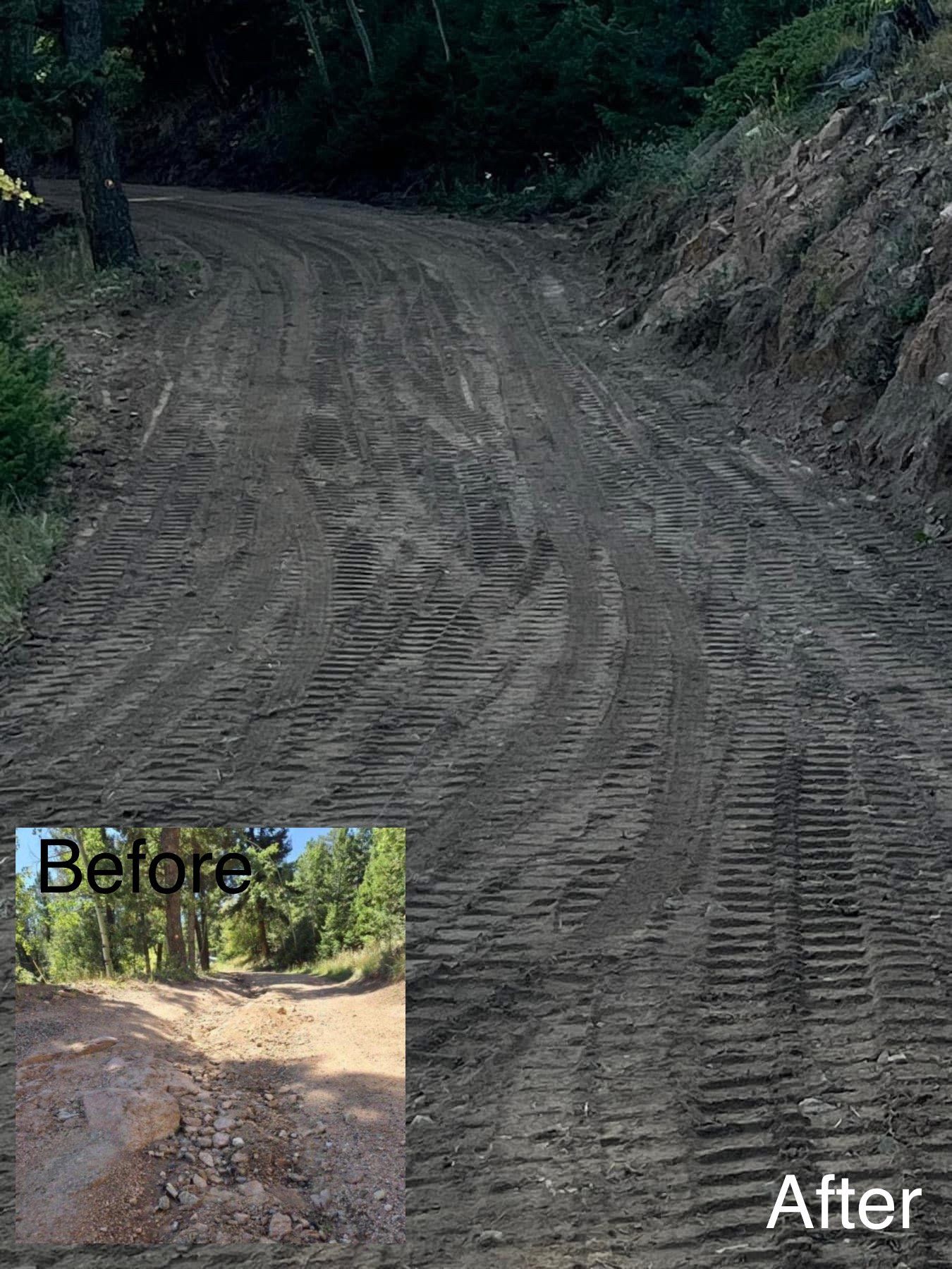 Before and after photos of a dirt road. The