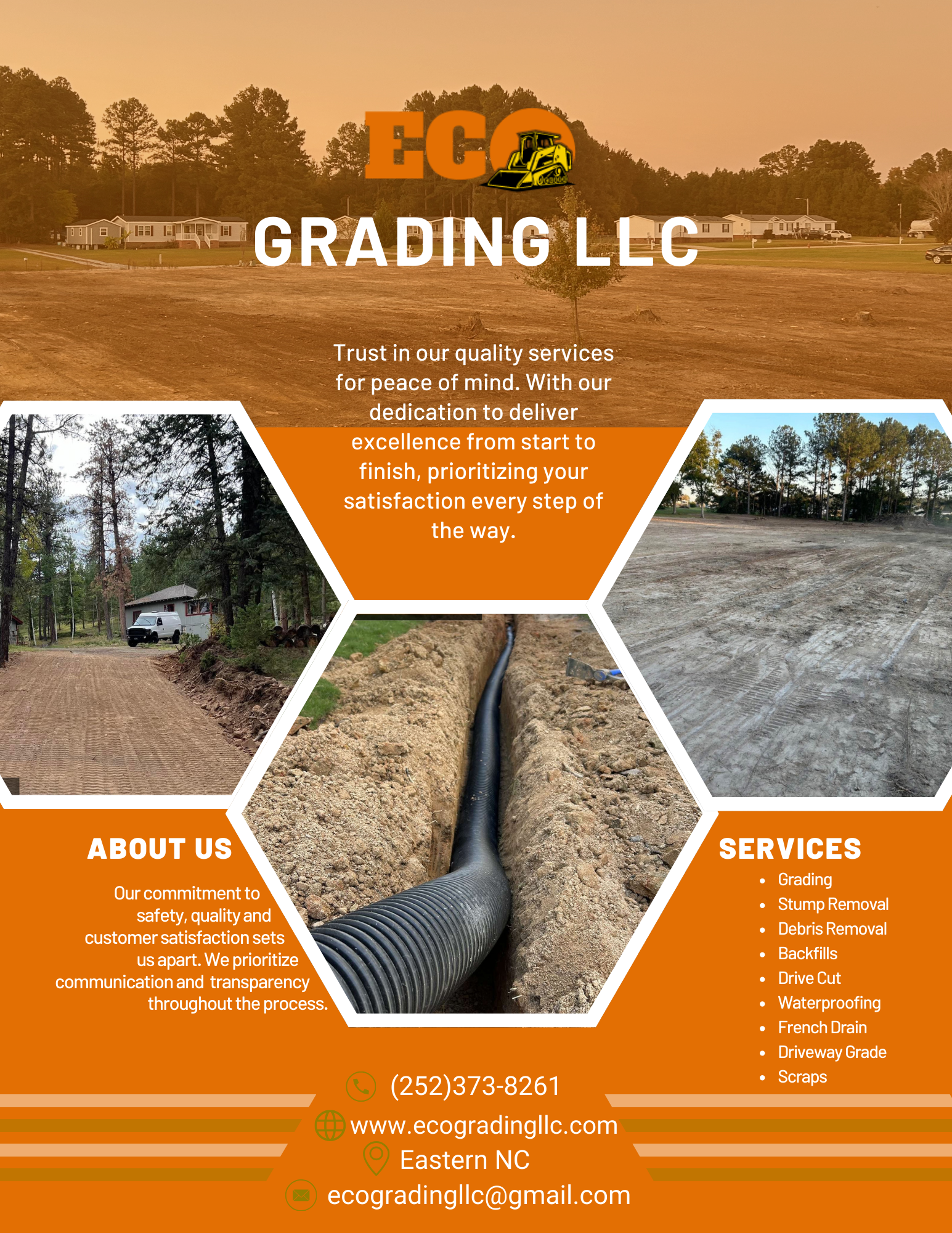 Flyer for Eco Grading LLC; featuring construction work photos, orange and white design, company info.
