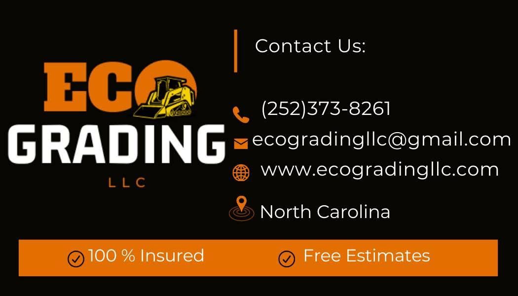 Business card for Eco Grading LLC, with contact info and assurances of being insured and offering free estimates.