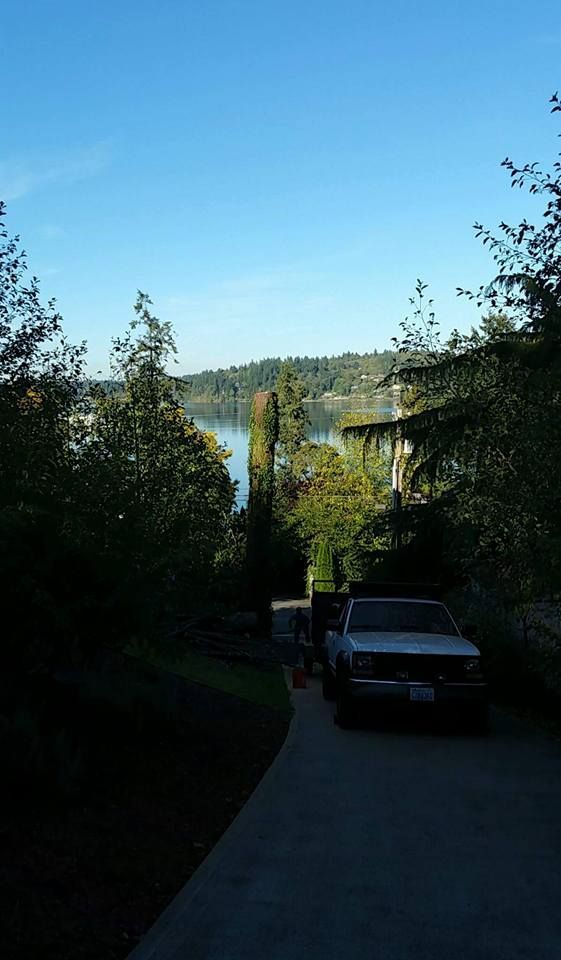 A car is parked on the side of a road next to a lake.