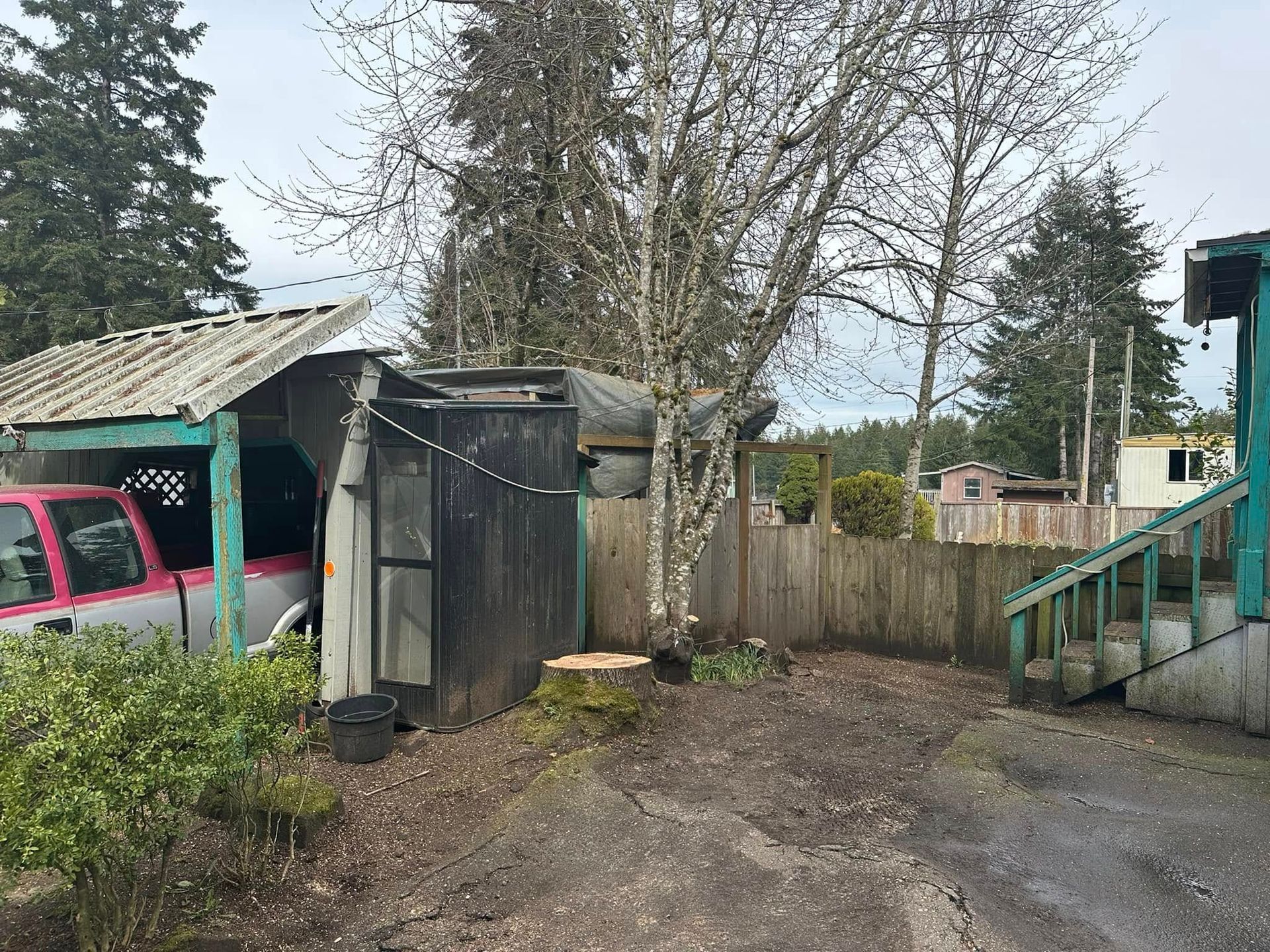 A pink truck is parked in a driveway next to a shed.