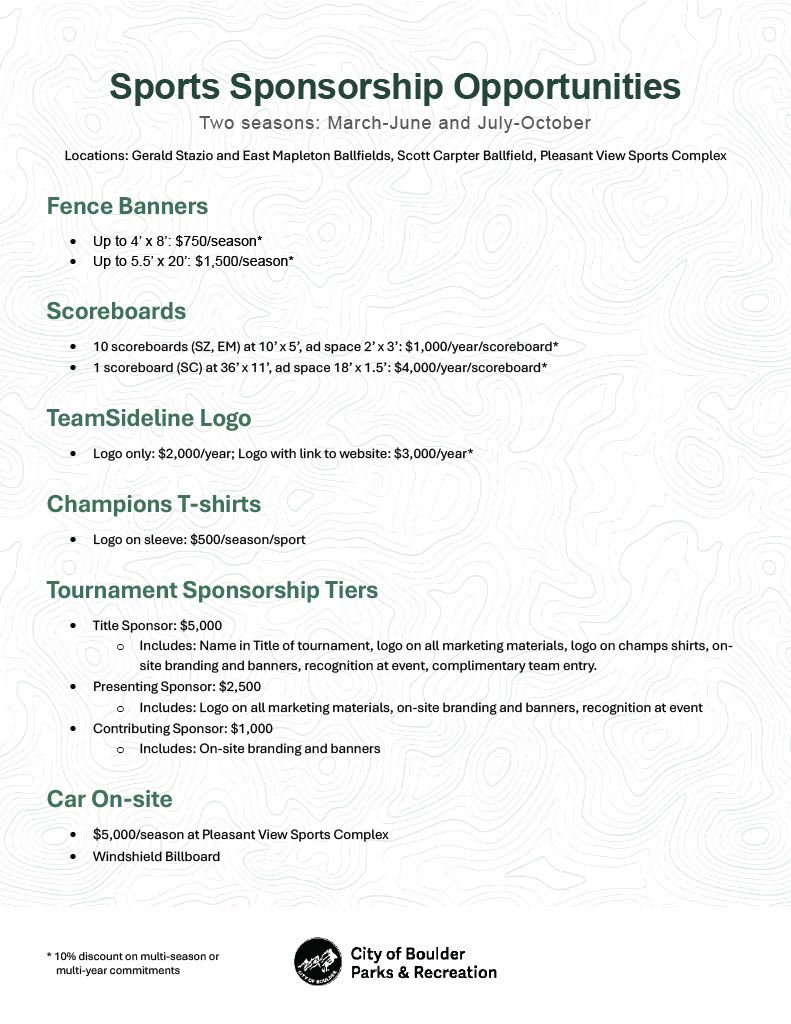 A document listing sports sponsorship opportunities, including fence banners, scoreboards, and tournament tiers.