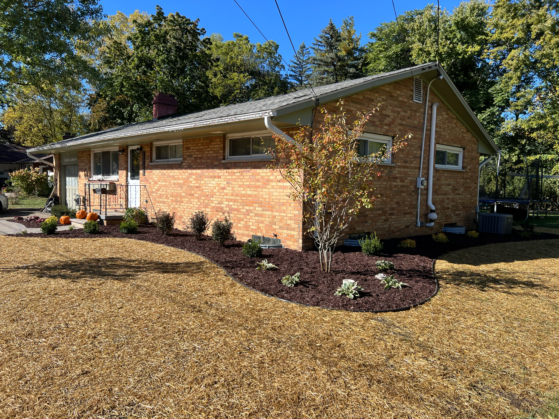 Brick house with a landscaped bed, autumn leaves, and a clear sky.