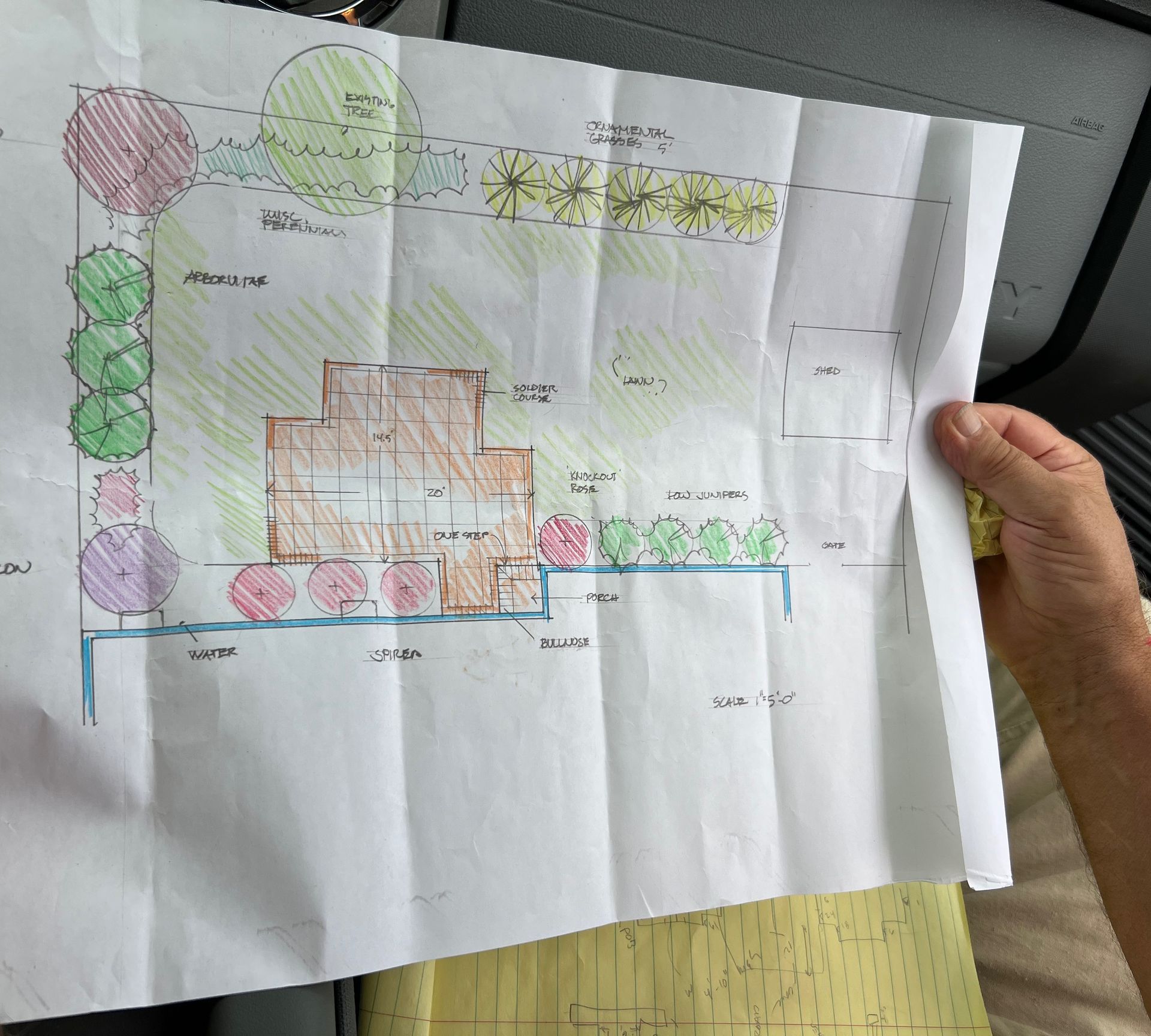 Hand holding a colorful hand-drawn landscape design plan. Shows house, trees, plants, and pathways.