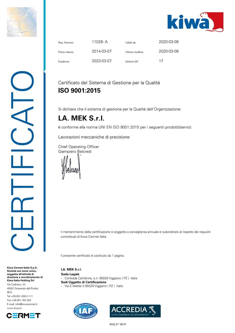 Certificato del sistema per la gestione della qualità ISO 9001:2008