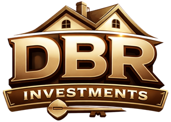 The bronze-colored logo for DBR Investments, featuring a house roof outline and a key graphic on a banner.