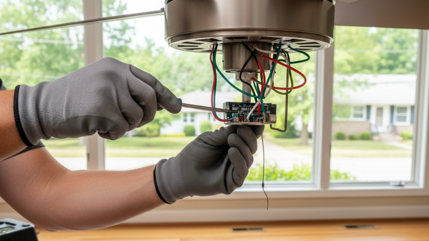 Hands wearing grey work gloves use a screwdriver to wire a ceiling fan component in a room with large windows.