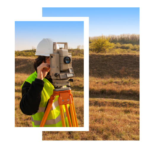 A woman is talking on a cell phone while using a theodolite in a field.