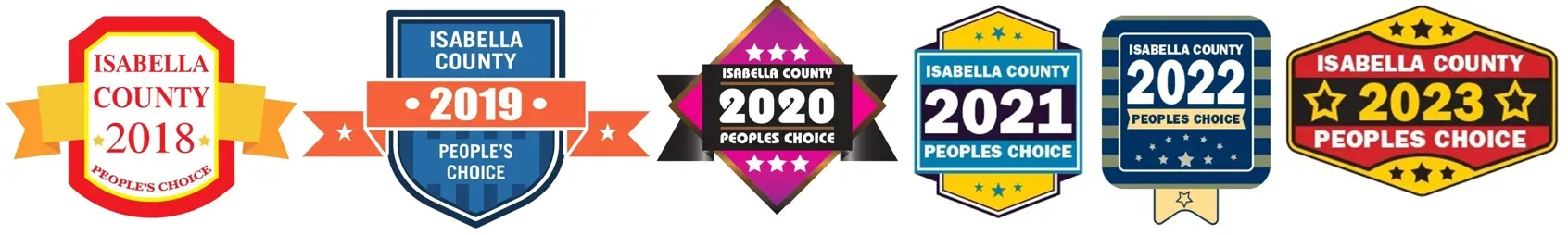 A row of badges with the year 2020 , 2021 , 2022 , and 2023 on them. Text reads Isabella County Peoples Choice.