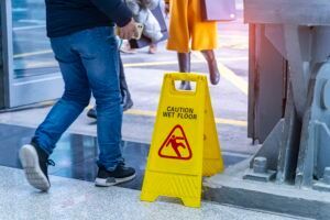A man is walking past a yellow caution wet floor sign.