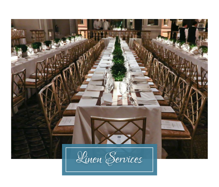 Elegant banquet tables with white linens and brown chairs in a grand hall, labeled “Linen Services”