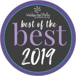 Circular “best of the best 2019” wedding and party award logo in purple, teal, and white