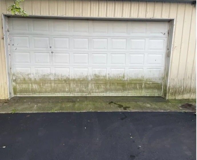 White garage door with green mildew stains above a dark asphalt driveway