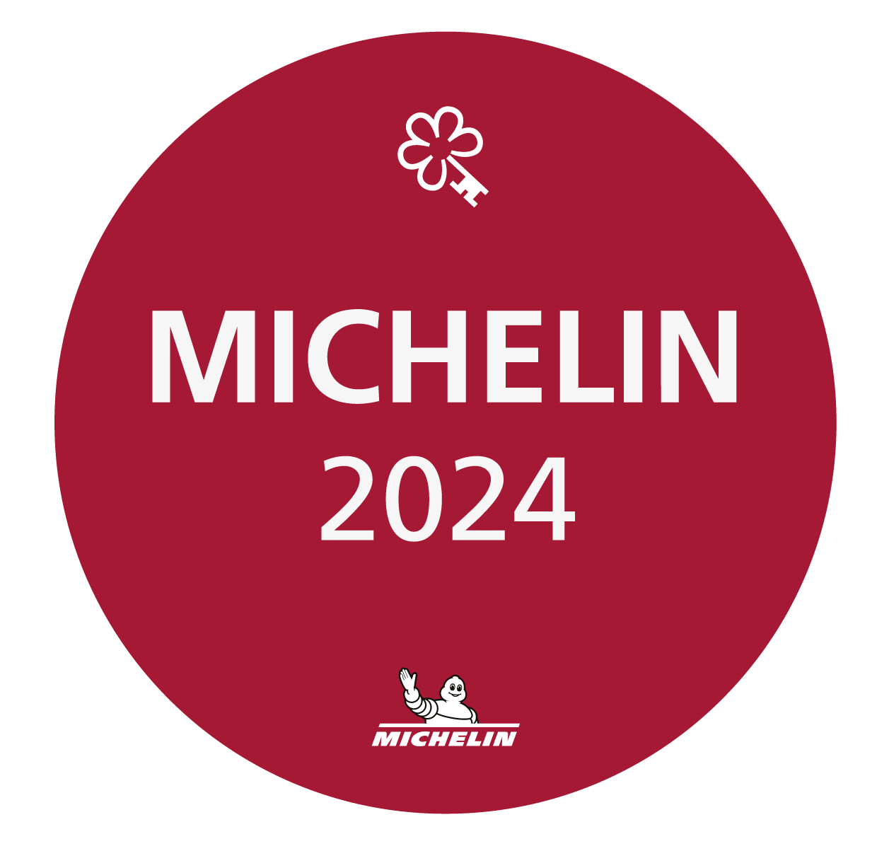 Un logo circolare rosso Michelin 2024 con l'icona di una chiave sopra il testo e la mascotte Bibendum in basso.