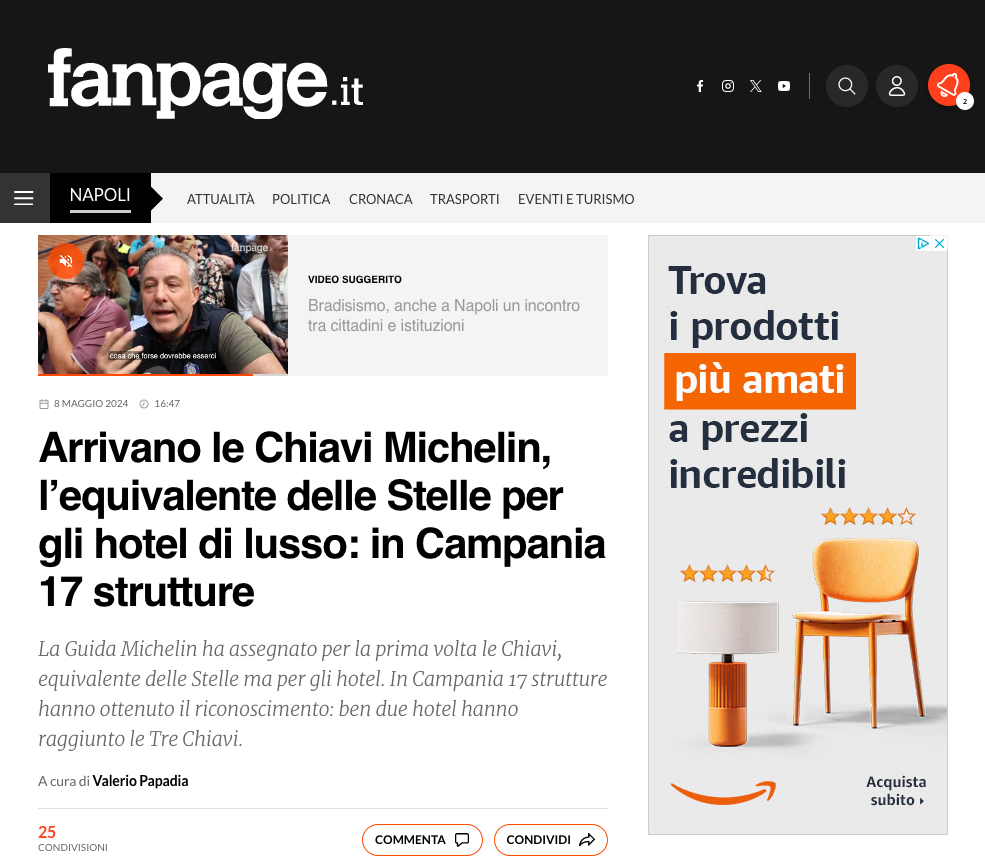 Screenshot of a fanpage.it article about the new Michelin Keys awarded to 17 luxury hotels in the Campania region.
