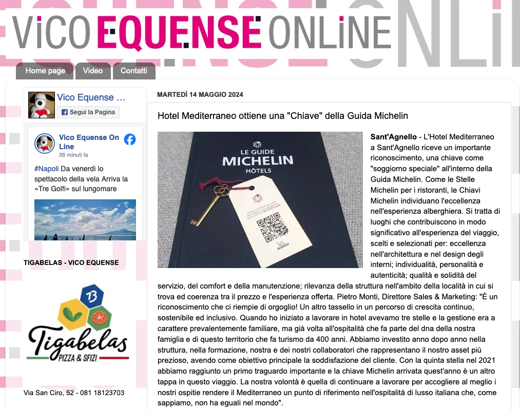 A news article from Vico Equense Online about the Hotel Mediterraneo receiving a Michelin Key award.