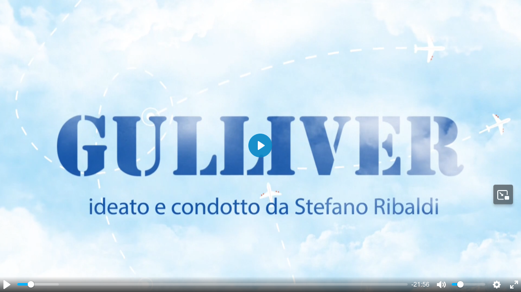 Title screen for Gulliver, a travel show hosted by Stefano Ribaldi, set against a blue cloudy sky with a flight path.