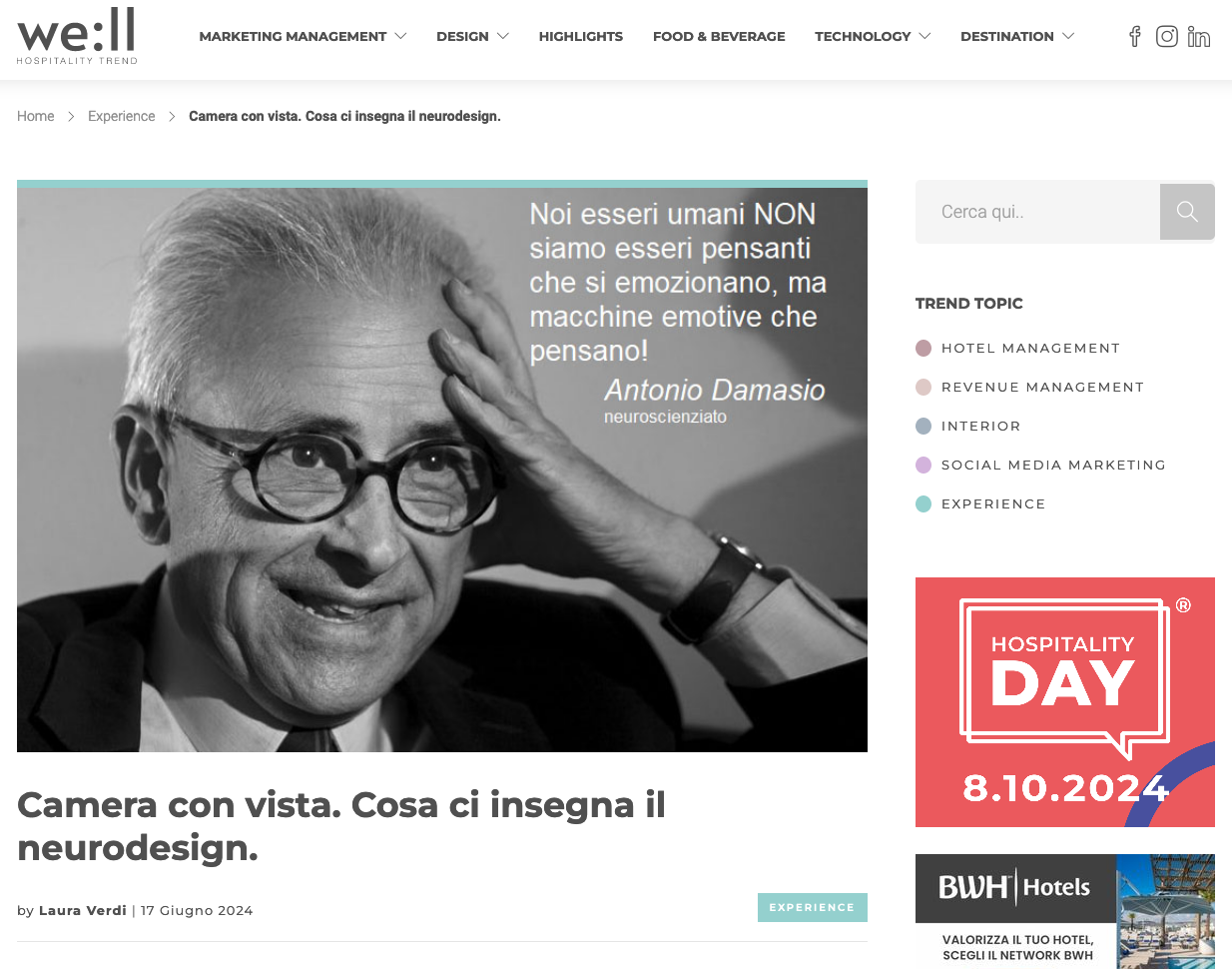 A black-and-white portrait of Antonio Damasio with an overlaid quote on a website page about neurodesign.