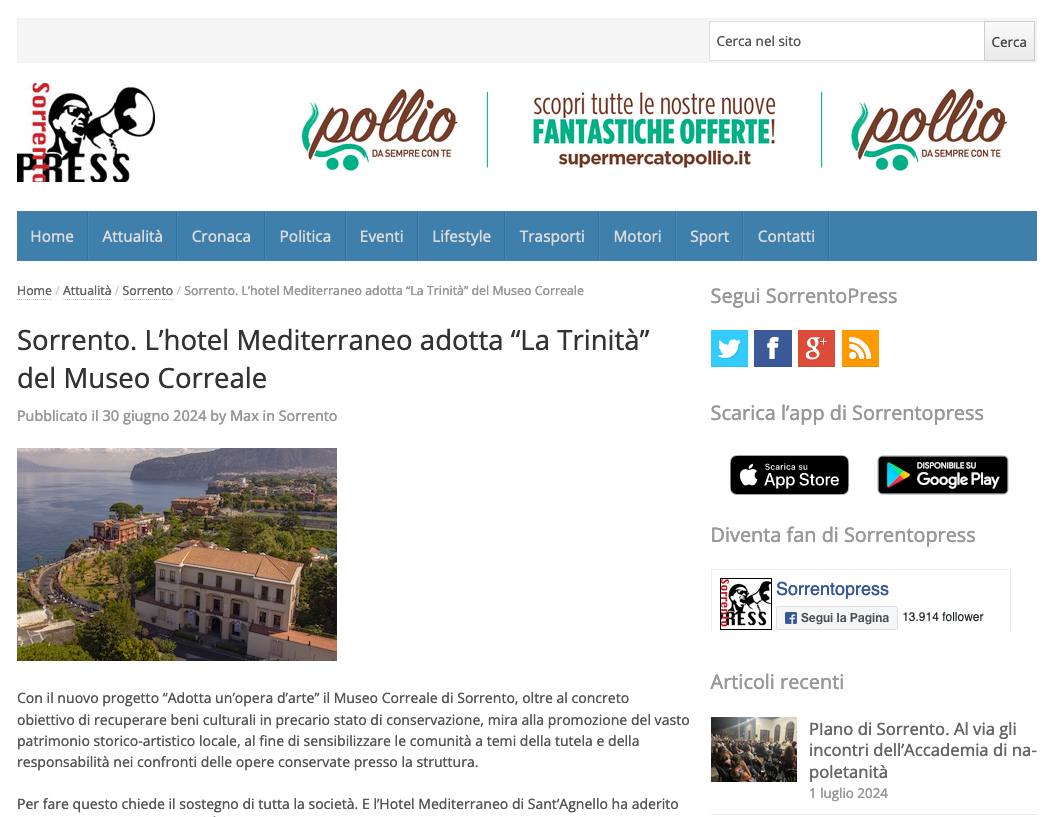 Screenshot of a Sorrentopress.it news webpage featuring an article about Hotel Mediterraneo adopting a piece of art.