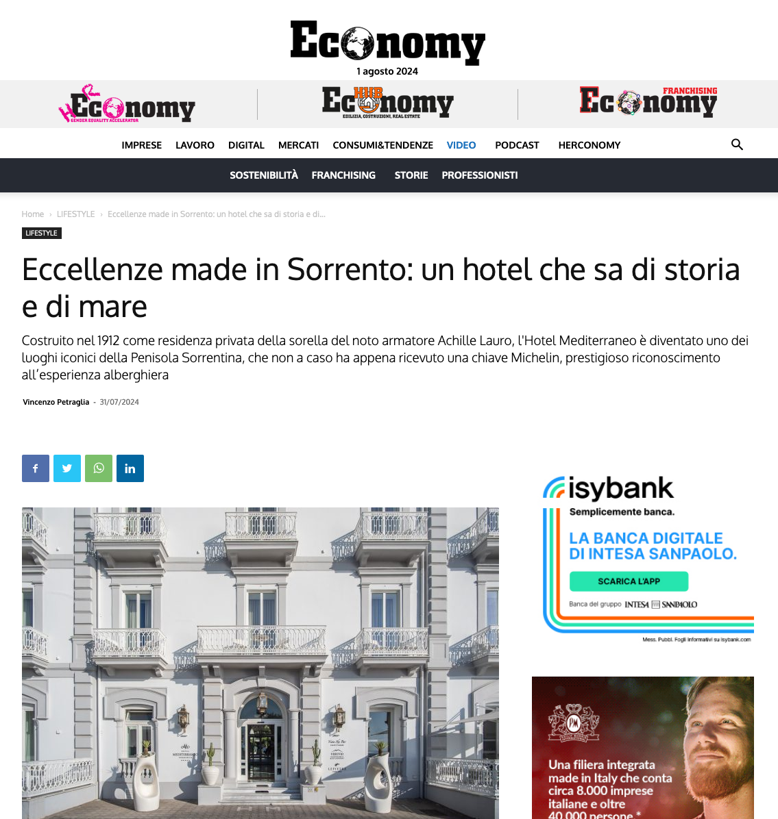 An online news article page from Economy magazine featuring a headline about a historical hotel in Sorrento with a photo.