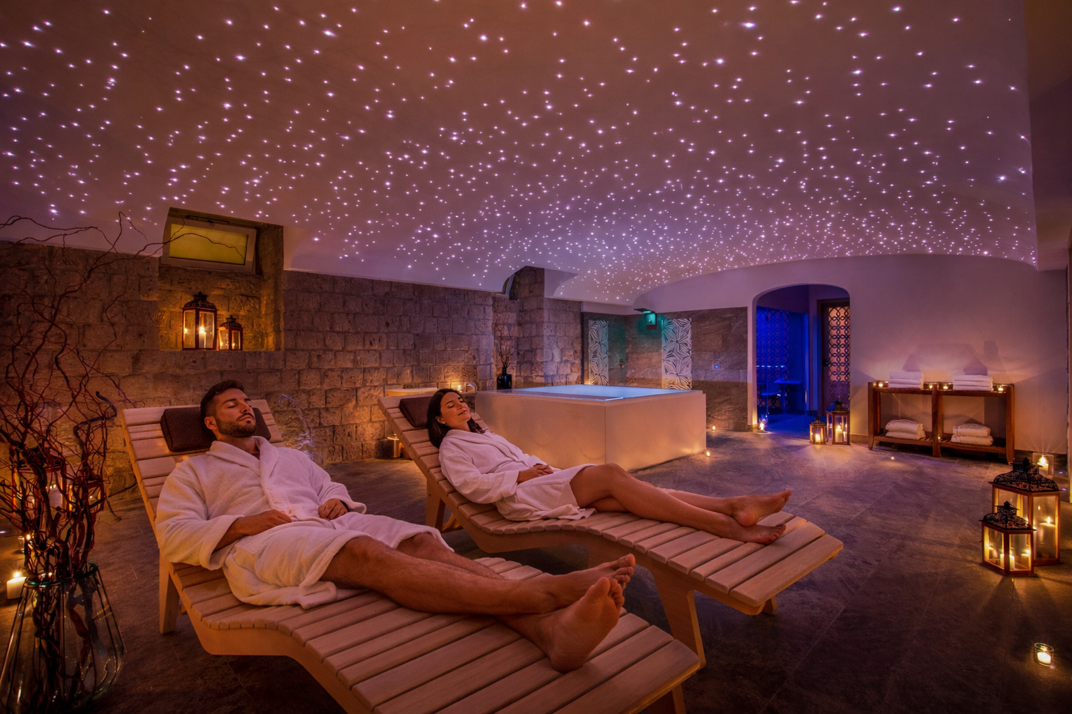 Due persone in accappatoi bianchi si rilassano su lettini in una spa con un soffitto stellato, pareti in pietra e una calda illuminazione soffusa.