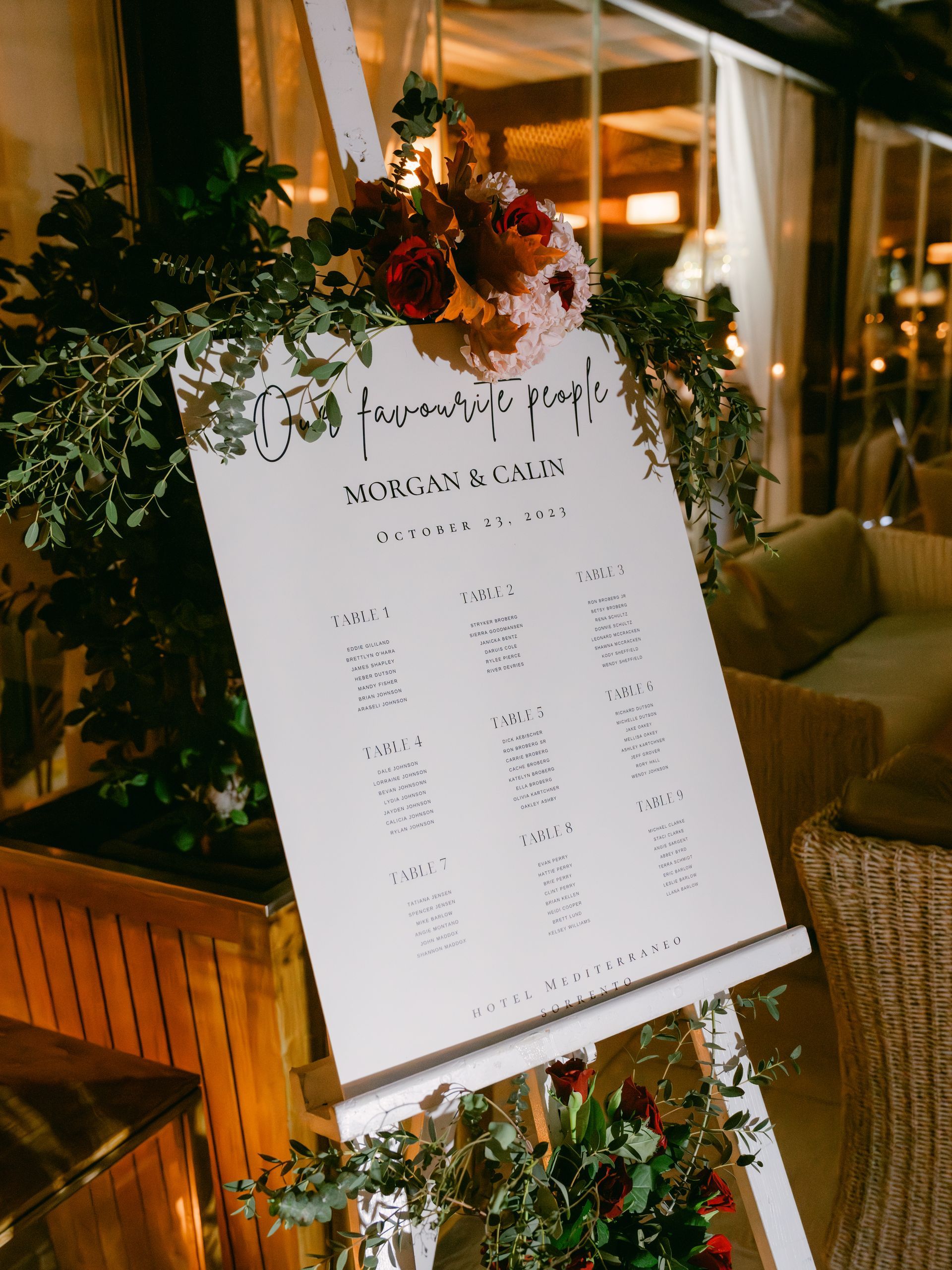 A wedding seating chart on an easel, decorated with flowers and greenery, displayed at an indoor evening venue.